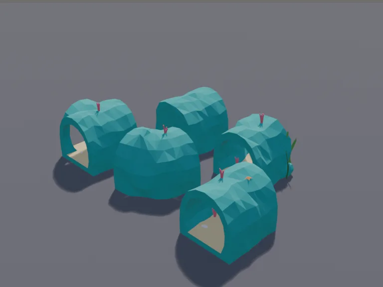 Undersea Cave Tunnel Kit: a low-poly underwater cave tunnel kit that snaps together on a grid: a straight rocky tunnel section, a curved section, a T-junction, an opening…