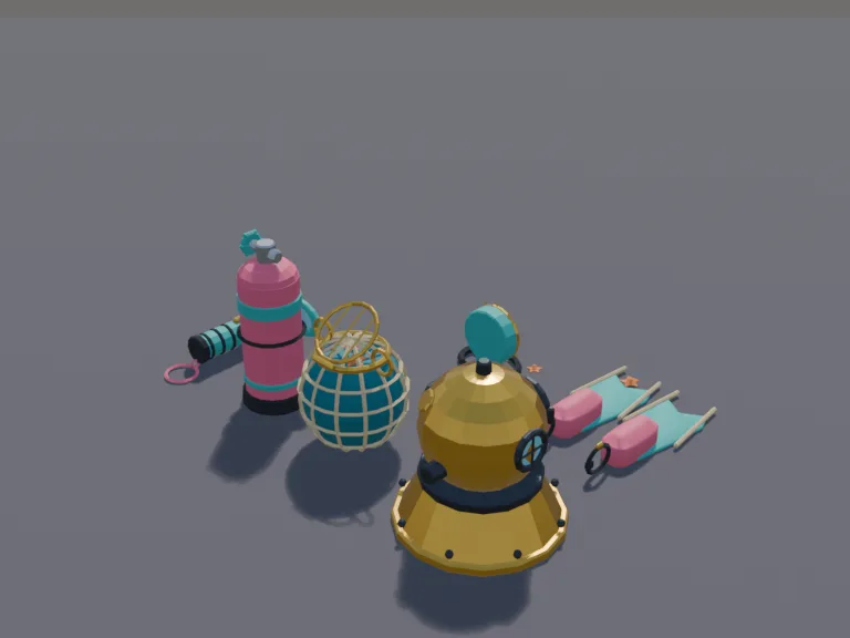 Undersea Diving Gear: a low-poly diving gear set: a brass old-style diving helmet, a pair of flippers, a scuba tank with a mask, an underwater torch, a mesh collecting bag and…