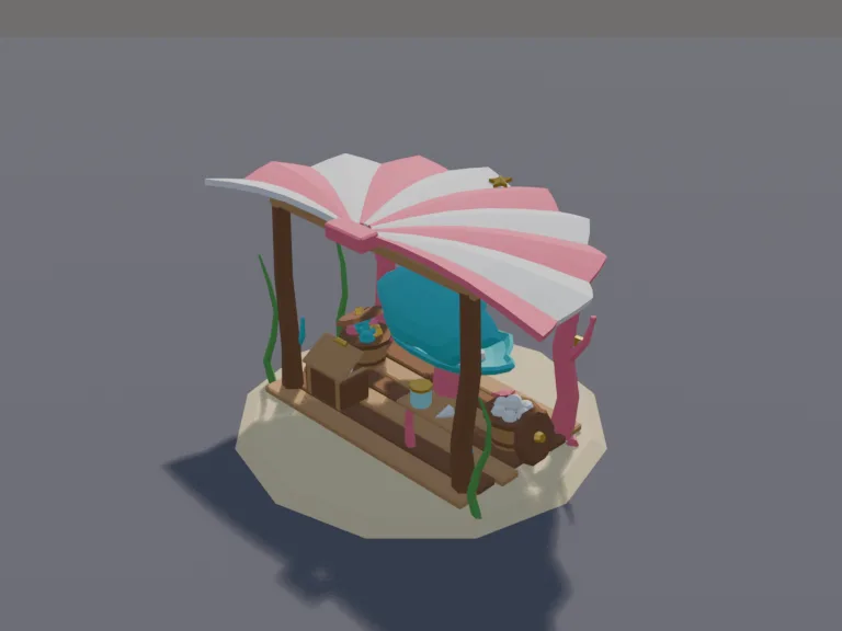 Undersea Market Stall: a low-poly undersea market stall: a stall made of coral and driftwood under a shell canopy, baskets of pearls and sea fruit, glowing jar lanterns and a…
