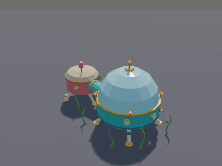 Undersea Research Base: a low-poly underwater research base: a domed glass habitat module on legs, a round airlock hatch that is its own part, a connecting tube to a smaller…