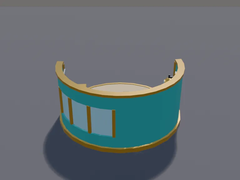 Undersea Research Lab: a low-poly underwater lab: a round room piece with a big curved window looking out, a desk with screens left blank, specimen jars of coral samples, a…