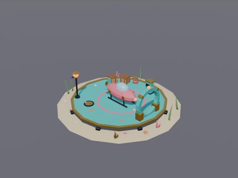 Undersea Submarine Dock: a low-poly submarine dock: a round metal platform on the seabed with a docking ring, a fuel pump, crates, a lamp post and a small two-seat mini…