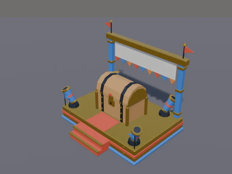 Victory Chest Platform: a low-poly victory chest platform: a raised golden platform with steps, a large treasure chest on top with a lid that is its own part, confetti cannons…