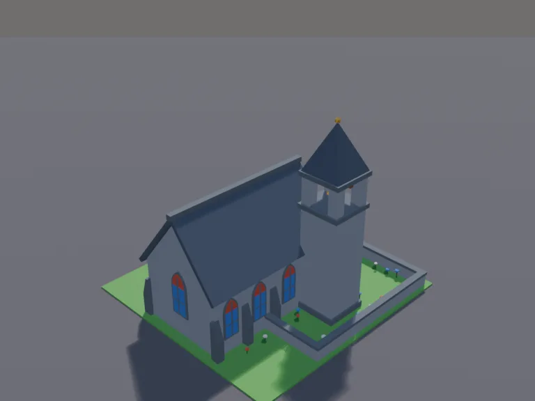 Village Chapel: a low-poly village chapel: grey stone walls, a steep slate roof, a square bell tower with a small bell visible in its open top and a pointed spire, tall arched…