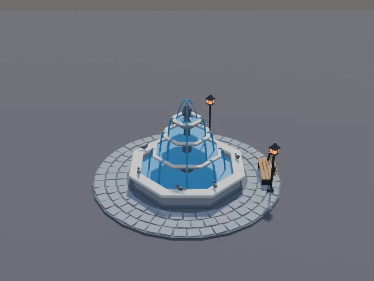 Village Square Fountain: a low-poly town square fountain: a wide octagonal stone basin, a central column with three tiers of smaller basins spilling water down, a stone fish…
