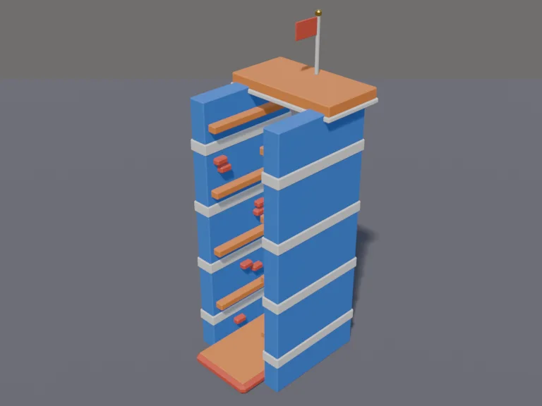 Wall-Jump Tower: a low-poly wall-jump obstacle: two tall parallel walls with grippy ledges and stripes, a gap between them for wall-jumping up, and a platform at the top with a…