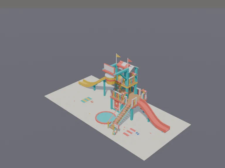 Water Play Fort: a low-poly water play fort: a multi-level play structure with small slides, rope nets, a big tipping bucket on top and bright railings.
