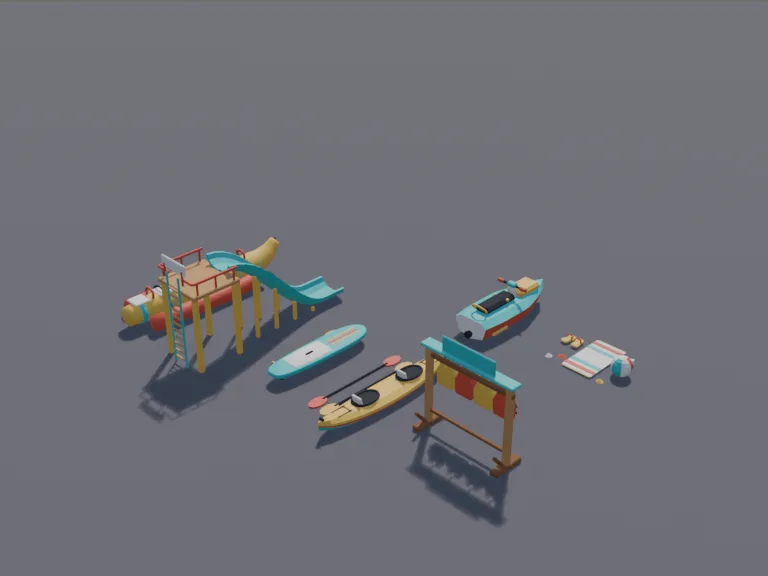 Water Sports Beach Set: a low-poly water sports set: a two-seat kayak with paddles, a stand-up paddleboard, a banana boat with handles, a jet ski and a life jacket rack.