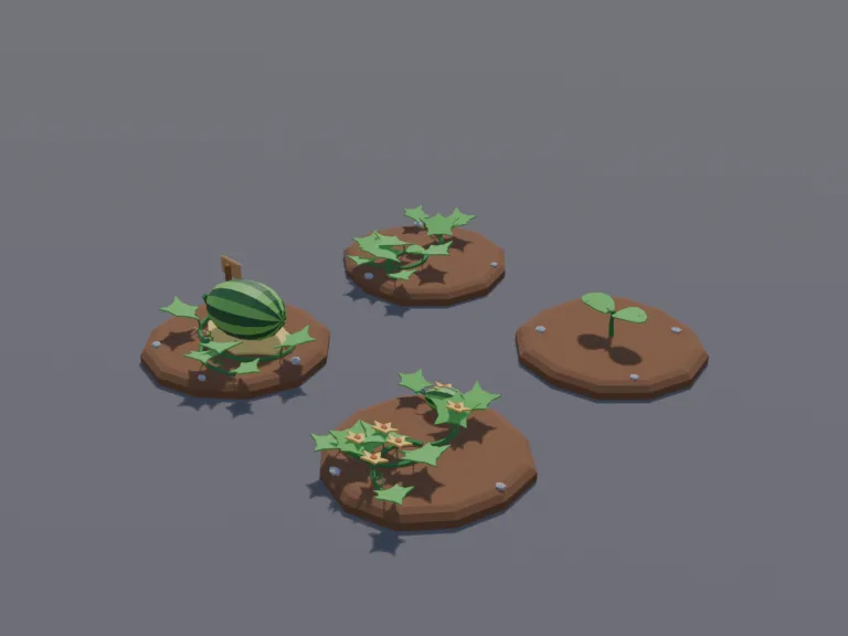 Watermelon Growth Stages: a low-poly watermelon plant in four growth stages, each on its own patch of soil: a sprout with two round leaves, a spreading vine with big lobed…