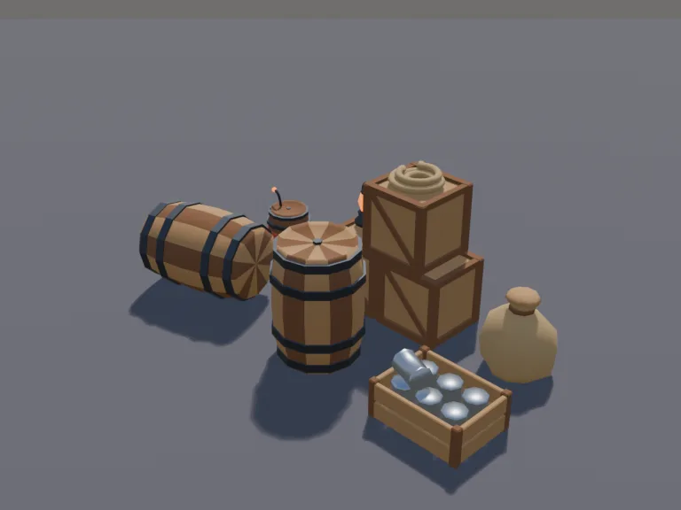 Wild West Barrels & Crates: a set of low-poly Wild West barrels and crates: a plain wooden barrel with iron hoops, a barrel tipped on its side, a crate of supply cans with no…