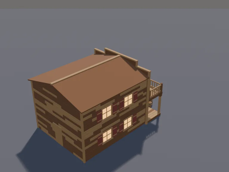 Wild West Saloon: a low-poly Wild West saloon: a two-storey wooden building with a tall false front, a covered porch with posts and a hitching rail, swinging half doors, a…