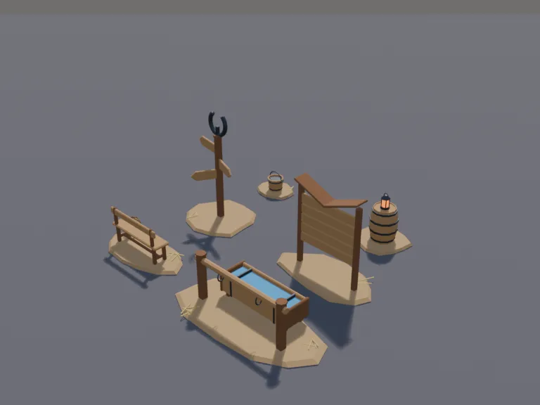 Wild West Street Props: a set of low-poly Wild West street props: a wooden hitching rail with a water trough, a wanted-poster board with blank papers, a barrel with a lantern…