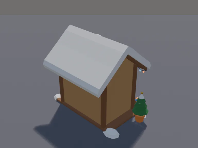 Winter Market Stall: a low-poly winter market stall: a wooden hut with a pitched roof heavy with snow, a counter selling knitted hats and scarves hung on hooks, a crate of…
