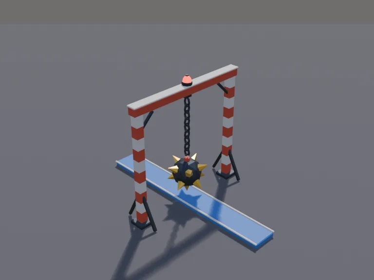 Wrecking Ball Obstacle: a low-poly wrecking ball obstacle: a big spiked iron ball on a long chain hanging from a tall frame, with striped posts and a red warning light.