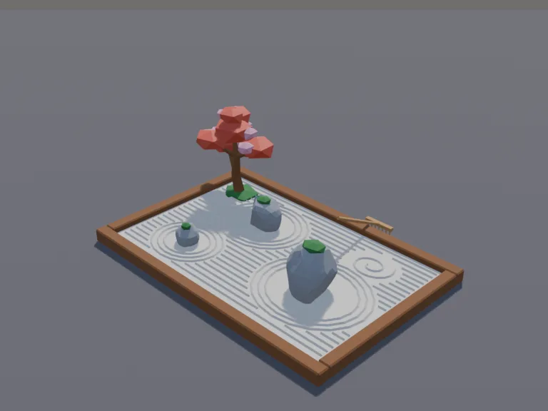 Zen Rock Garden: a low-poly zen rock garden: a rectangular bed of raked white gravel with swirl patterns, three mossy rocks, a wooden border, a rake leaning against it and a…