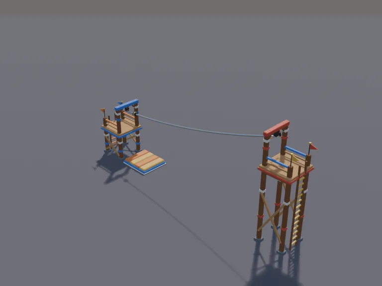 Zipline Obstacle: a low-poly zipline obstacle: two tall wooden towers with platforms, a steel cable between them, a pulley handle on the cable that is its own part, and a…